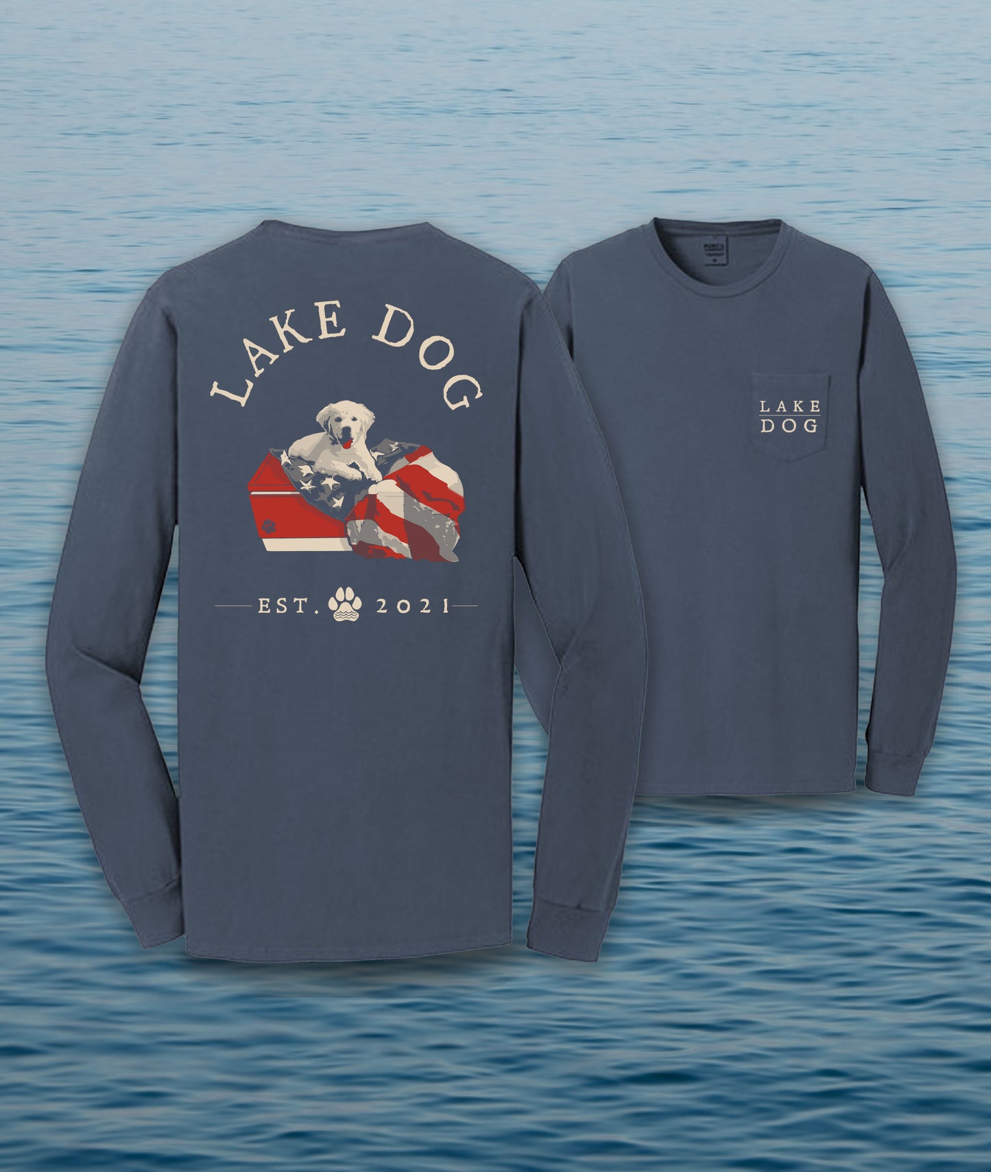 Golden Retriever sitting on ice chest with American Flag Long sleeve shirt