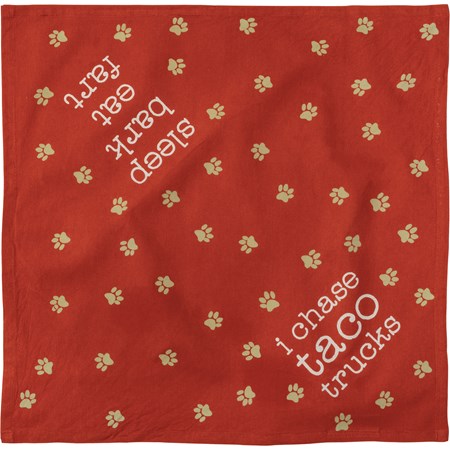 Reversible pet bandana featuring "I Chase Taco Trucks" and "Sleep Bark Eat Fart" sentiments on opposite corners
