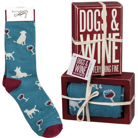 Gift Set- Box sign & socks "Dogs & Wine..."