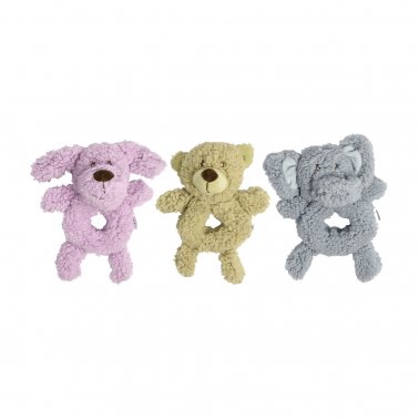 ARomadog fleece ring in pink dog, brown bear, and gray elephant.