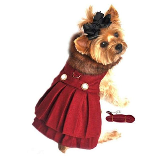 Wool fur trimmed dog harness coat